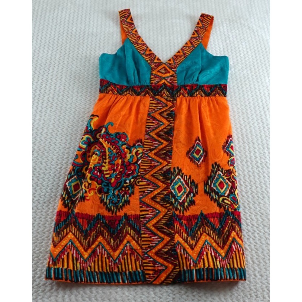 Phoebe Couture sleeveless orange patterned mini dress size 10